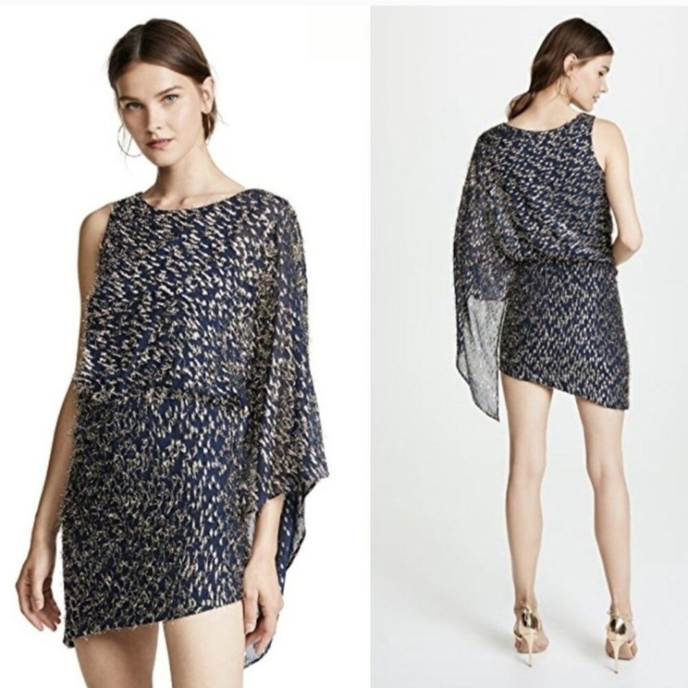 Haney Lucia Dress $1,595 Womens 4 Blue Gold Metallic One Shoulder Silk Blend